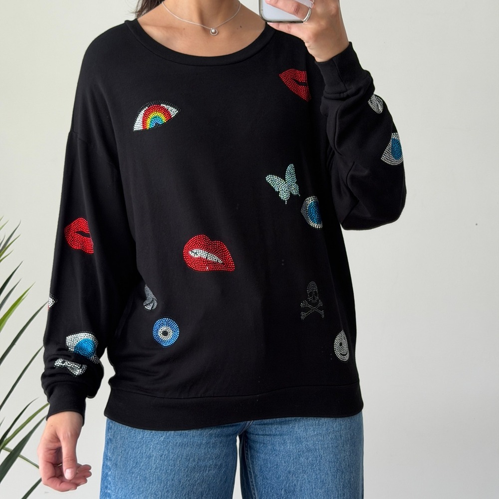 Lauren Moshi Sweatshirt XS Black Embellished Rhinestone Sweater Butterfly Rock